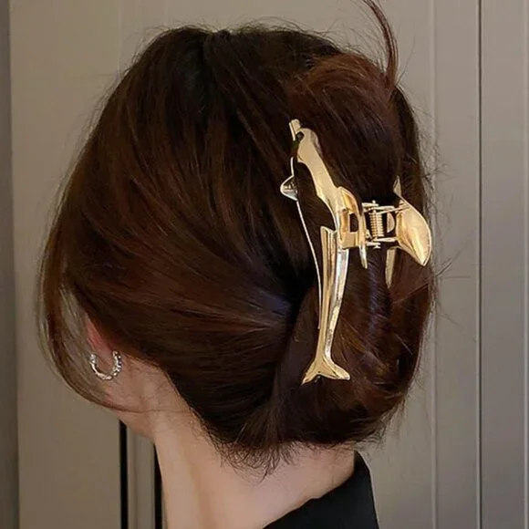 Dolphin Gold Hair Claw Animal Metal Kawaii Cartoon Clip Strong Clamp - Picture 3 of 5